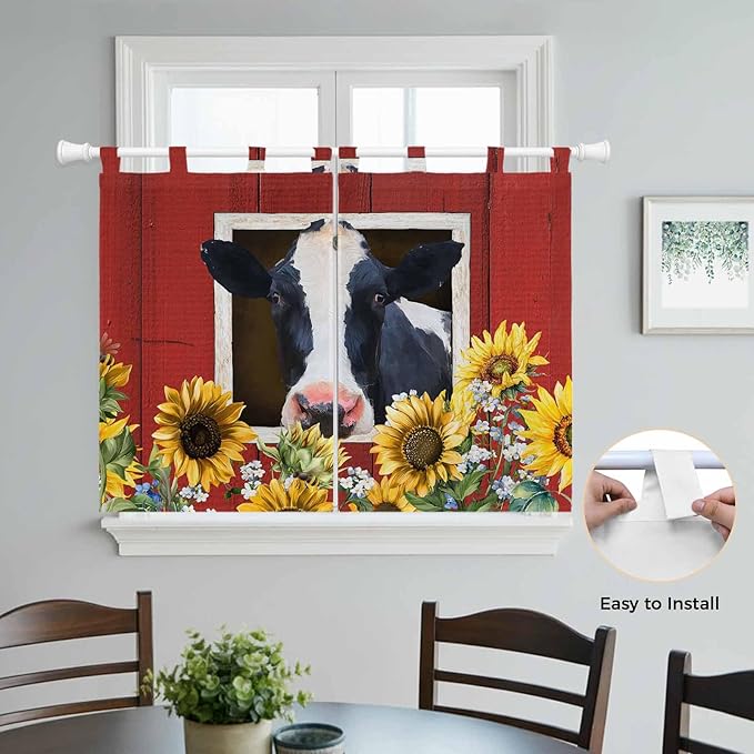 Cow Sunflowers Kitchen Curtains 45 Inch Length, Short Cafe Window Curtains Tab Top, Botanical Floral Leaves Bees Farm Barn Light Filtering Window Treatments Tier Drapes 27.5"x45" 2 Panel