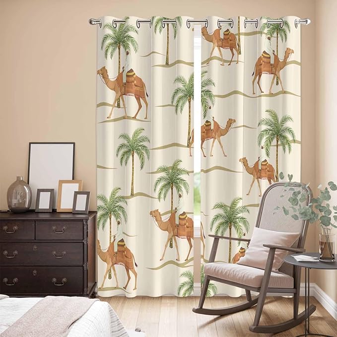 2 Panel Kitchen Cafe Curtains, Date Coconut Tree Sunlight Filtering Nature Air Through, Home Decor Window Covering Tier Curtains for Living Room 104W x 96L inch Desert Camels Botanical Tropical Beige