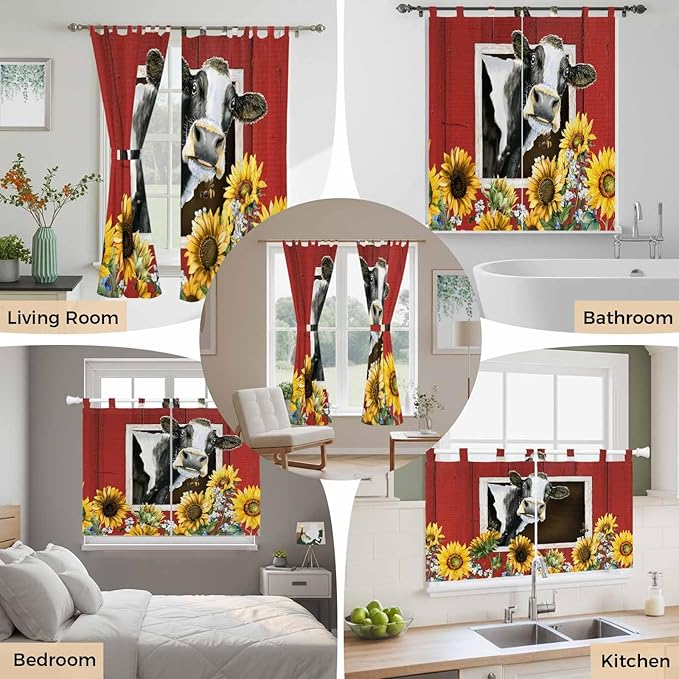 Cows Sunflowers Kitchen Curtains 45 Inch Length, Short Cafe Window Curtains Tab Top, Spring Botanical Floral Bees Red Barn Light Filtering Window Treatments Tier Drapes 27.5"x45" 2 Panel