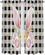 Easter Window Curtains 72 Inch Long 2 Panel Set,Rod Pocket Long Curtains & Drapes,Spring Rabbits Ears Feet Wildflowers Black Plaid Light Filtering Window Treatment for Bedroom Living Room 52"W x 72"L