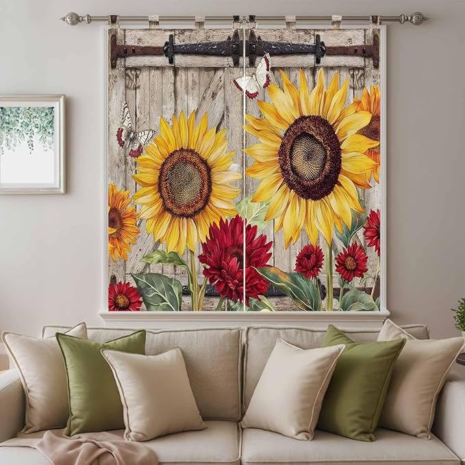 Sunflowers Living Room Curtains 84 Inch Length, Window Curtains Tab Top, Retro Flower Barn Doors Butterfly Farmhouse Brown Light Filtering Window Treatments Drapes 42"x84" 2 Panel