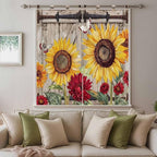 Sunflowers Bathroom Curtains 63 Inch Length, Window Curtains Tab Top, Retro Flower Barn Doors Butterfly Farmhouse Brown Light Filtering Window Treatments Drapes 52"x63" 2 Panel