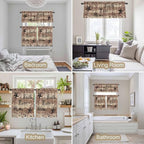 Kitchen Curtains Tiers and Valance Set of 3, Farmhouse Star Brown Light Filtering Window Curtain Set, Retro Branches Berry Wooden Grain Rod Pocket Curtain Drapes for Cafe, Living Room, 36 Inches Tiers