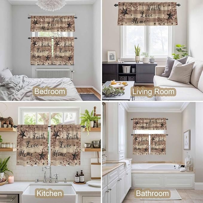 Kitchen Curtains Tiers and Valance Set of 3, Farmhouse Star Brown Light Filtering Window Curtain Set, Retro Branches Berry Wooden Grain Rod Pocket Curtain Drapes for Cafe, Living Room, 36 Inches Tiers