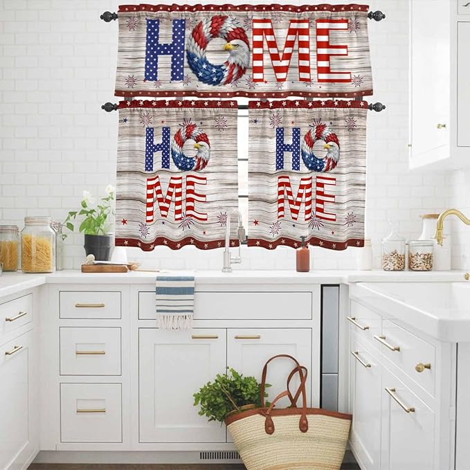 4th of July Kitchen Curtains Set 3 Piece for Windows,Rod Pocket Valance and Tier Set 24 Inch Length,Stars Striped Farmhouse American Flag Wood Grain Light Filtering Cafe Curtains for Living Room