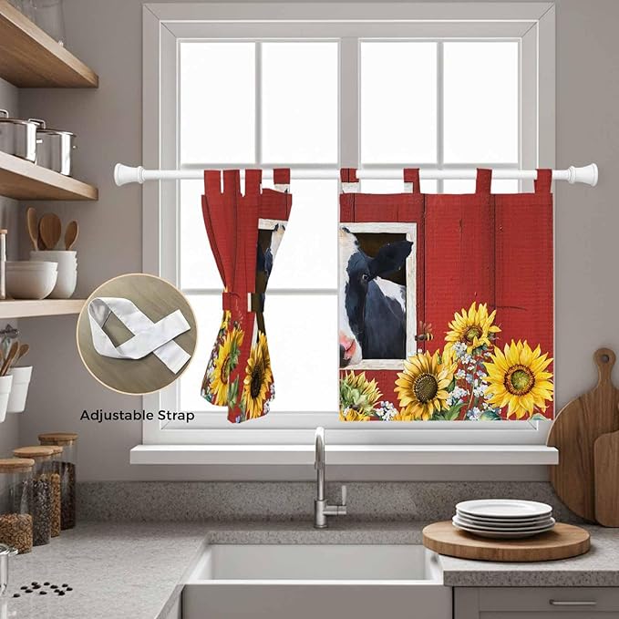 Cow Sunflowers Kitchen Curtains 24 Inch Length, Small Window Curtains Tab Top, Botanical Floral Leaves Bees Farm Barn Light Filtering Short Window Treatments Tier Drapes 27.5"x24" 2 Panel