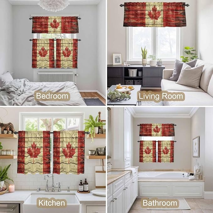 Kitchen Curtains Tiers and Valance Set of 3, Canada Light Filtering Window Curtain Set, Red Maple Leaf Flag Farmhouse Shabby Wooden Grain Rod Pocket Curtain Drapes for Living Room, 24 Inches Tiers