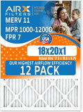 18x20x1 Air Filter MERV 11 Rating, 12 Pack of Furnace Filters Comparable to MPR 1000, MPR 1200, FPR 7, High Efficiency 12 Pack of Furnace Filters Made in USA by AIRX FILTERS WICKED CLEAN AIR.
