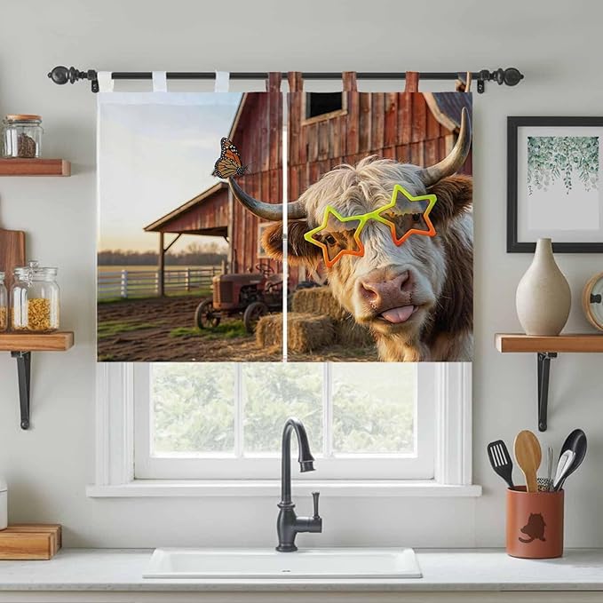 Farm Yaks Kitchen Curtains 45 Inch Length, Short Cafe Window Curtains Tab Top, Farmhouse Barn Funny Animals Butterfly Light Filtering Window Treatments Tier Drapes 27.5"x45" 2 Panel