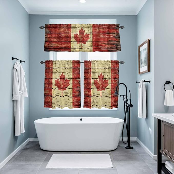 Kitchen Curtains Tiers and Valance Set of 3, Canada Light Filtering Window Curtain Set, Red Maple Leaf Flag Farmhouse Shabby Wooden Grain Rod Pocket Curtain Drapes for Living Room, 24 Inches Tiers