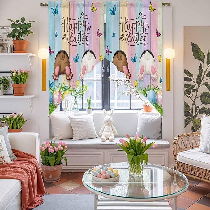 Swag Curtain Valances for Kitchen Windows,Happy Easter Rabbit Butt Egg on Daisy Leaf Short Rod Pocket Window Valance,Bufferfly on Wood Barn Swag Topper for Bedroom Living Room,2 Panels 36x45in