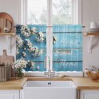Farmhouse Wooden Grain Kitchen Curtains, Vintage Shabby Chic Flower Blue Light Filtering Window Curtain Panels, 2Pcs Rod Pocket Window Treatments Set for Cabin Bathroom Bedroom 52x45 Inches