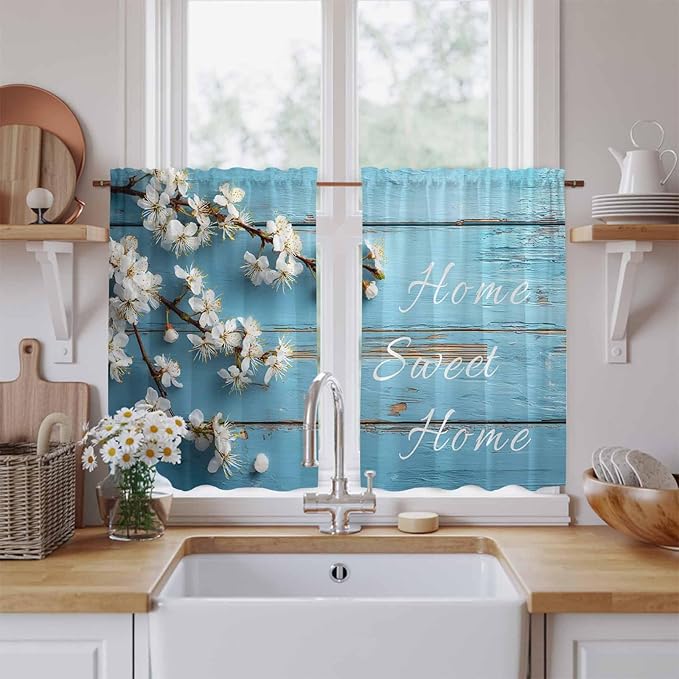 Farmhouse Wooden Grain Kitchen Curtains, Vintage Shabby Chic Flower Blue Light Filtering Window Curtain Panels, 2Pcs Rod Pocket Window Treatments Set for RV Dining Room Study Room 42x45 Inches