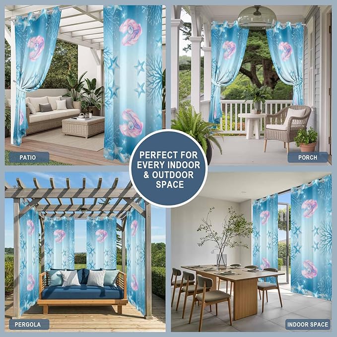 Ocean Shell Outdoor Curtains for Patio Corals Starfish Summer Marine Waterproof Outside Curtains with Grommet Top Weatherproof Curtain for Cabana Pergola Gazebo, 1 Panel, 54" W x 95" L