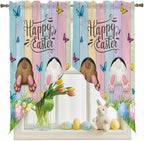 Swag Curtain Valances for Kitchen Windows,Happy Easter Rabbit Butt Egg on Daisy Leaf Short Rod Pocket Window Valance,Bufferfly on Wood Barn Swag Topper for Bedroom Living Room,2 Panels 28x36in