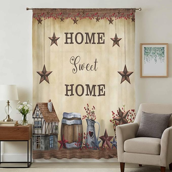 Farm Sheer Curtains 63 Inch Length American Country Barn Star Vintage Berry Brown Chiffon Curtain for Bedroom Living Room Light Filtering Rod Pocket Window Treatments Voile Curtains Drapes for Dining