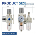 1/4" NPT Compressed Air Filter Regulator Lubricator Combination Water/Oil Trap Separator - Specifications (0-150 psi),5 Micron Brass Element,polyethylene Bowl,Manual Drain,Bracket