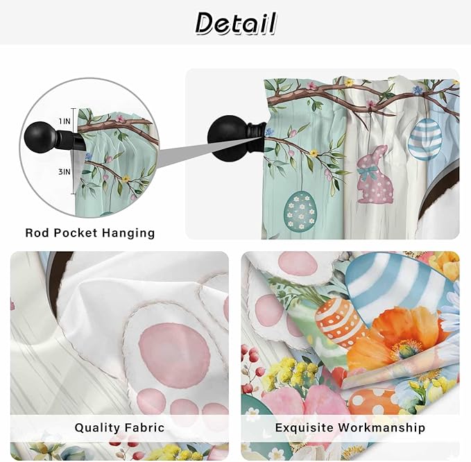 Easter Window Curtains 63 Inch Long 2 Panel Set, Rod Pocket Bedroom Curtains & Drapes, Spring Watercolor Bunny Eggs Wood Grain Teal Blue Light Filtering Window Treatment for Living Room 42"W x 63"L