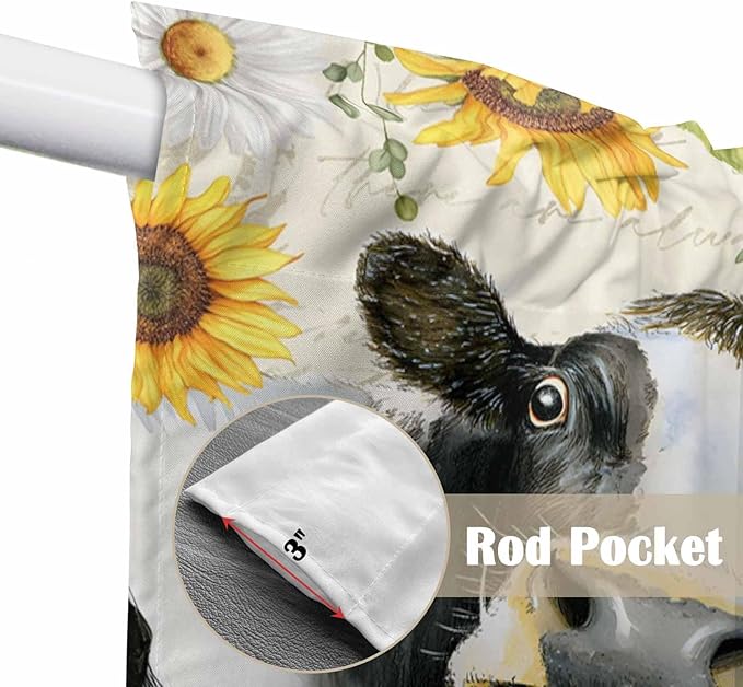 Yellow Sunflowers Swag Valances for Windows, Country Cow Flower Butterfly Farmhouse Cream Rod Pocket Kitchen Curtains Valance, Small Window Curtains Swag for Cafe Living Room, 2 Panels, 28x36 inch