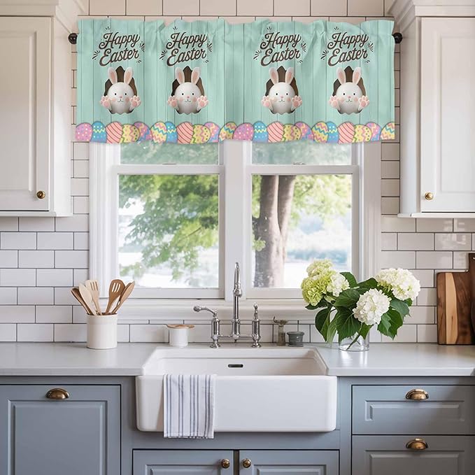 Green Easter Curtain Valances for Windows, Kitchen Valance Window Treatment, Spring Cartoon Bunny Colorful Eggs Wood Grain Light Filtering Block Curtains for Bathroom/Bedroom/Living Room 60'' x 18''