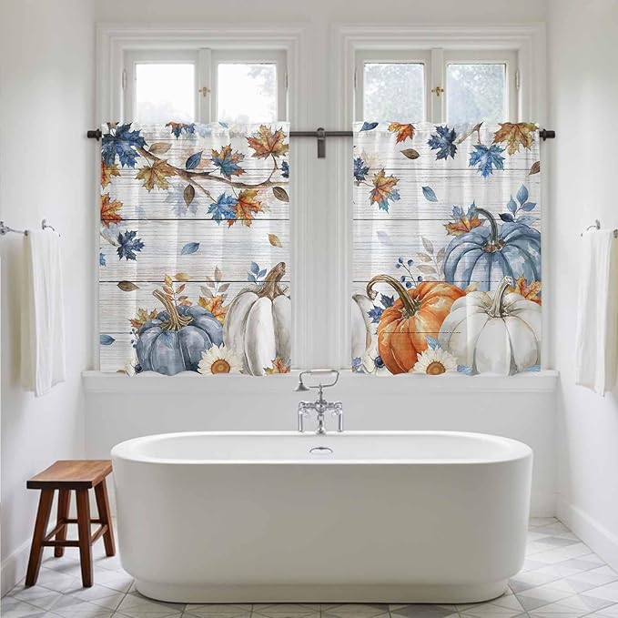 Thanksgiving Pumpkin Kitchen Curtains 45 Inch Long 2 Panel Set, Rod Pocket Window Treatment, Fall Maple Leaf Daisy Wooden Grain Light Filtering Short Curtains & Drapes for Bathroom Laundry 52"W x 45"L