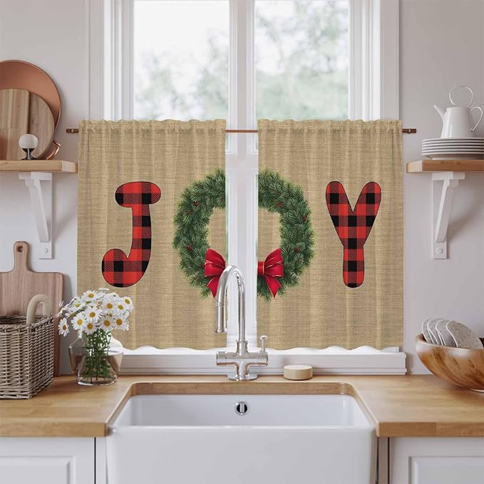 Red Green Christmas Kitchen Curtains 45 Inch Long 2 Panel Set, Rod Pocket Window Treatment, Xmas Botanical Winter Farmhouse Light Filtering Panels Short Drapes for Bathroom Camper 42"W x 45"L