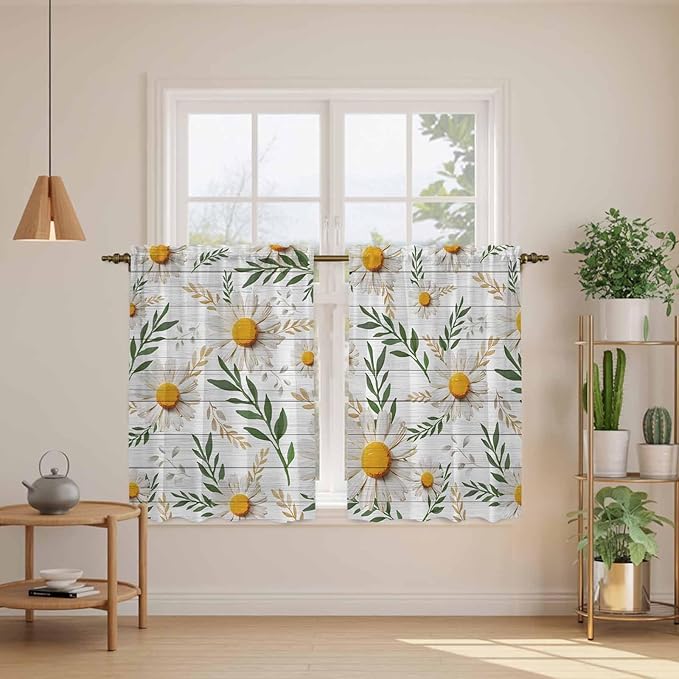 Spring Daisy Kitchen Curtains, Farmhouse Country Flower Leaf Plant Wood Grain Light Filtering Window Curtain Panels, 2Pcs Rod Pocket Window Treatments Set for Cabin Bathroom Bedroom 52x45 Inches