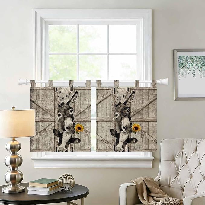 Funny Farm Animals Kitchen Curtains 36 Inch Length, Small Window Curtains Tab Top, Vintage Barn Brown Sunflowers Light Filtering Short Window Treatments Tier Drapes 27.5"x36" 2 Panel