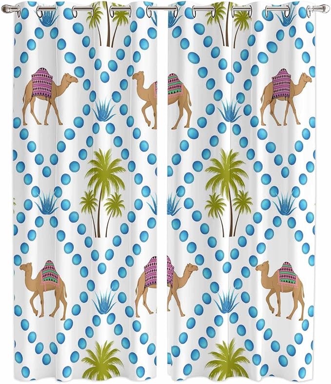 2 Panel Kitchen Cafe Curtains, Camels Palm Trees Sunlight Filtering Nature Air Through, Home Decor Window Covering Tier Curtains for Living Room 104W x 96L inch Tropical Desert Animal Plants Polka Dot
