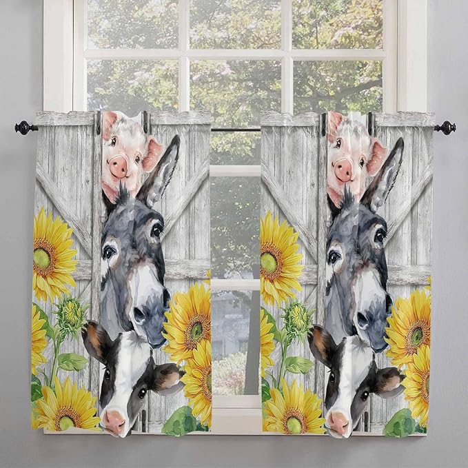 Farmhouse Kitchen Curtains 45 Inches length, Watercolor Sunflowers Animals Printed Wood Grain Window Treatment Curtain Drapes, Lightweight Window Panels for Living Room Bedroom, 52"x45", 2 Panels