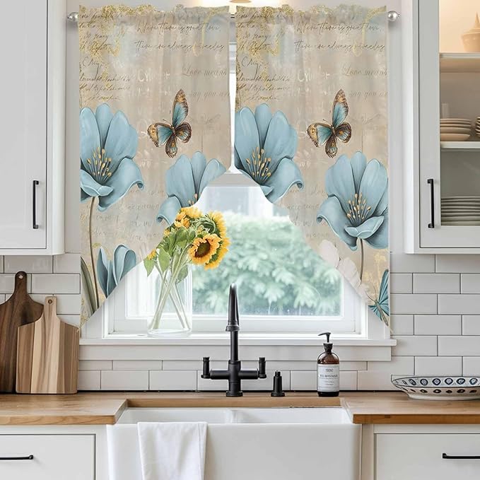 Spring Flowers Swag Valances for Windows, Vintage Rustic Tulips Floral Butterfly Khaki Rod Pocket Kitchen Curtains Valance, Kitchen Window Curtains Swag for Cafe Living Room, 2 Panels, 36x45 inch