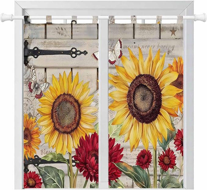 Red Yellow Sunflowers Living Room Curtains 84 Inch Length, Window Curtains Tab Top, Retro Rustic Barn Doors Butterfly Brown Light Filtering Window Treatments Drapes 42"x84" 2 Panel