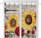Red Yellow Sunflowers Living Room Curtains 84 Inch Length, Window Curtains Tab Top, Retro Rustic Barn Doors Butterfly Brown Light Filtering Window Treatments Drapes 42"x84" 2 Panel