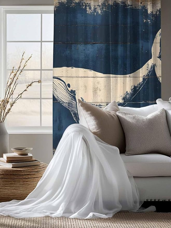 Sheer Curtains 63 Inch Length, Ocean Whale Blue Semi Sheer Curtains Light Filtering Window Treatment, Summer Coastal Vintage Wood Grain Privacy Voile Drapes for Living Room Bedroom 52x63 Inch