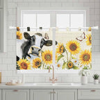 Yellow Sunflowers Kitchen Curtains 36 Inch Length, Small Window Curtains Tab Top, Country Cow Flower Butterfly Farmhouse Cream Light Filtering Short Window Treatments Tier Drapes 27.5"x36" 2 Panel