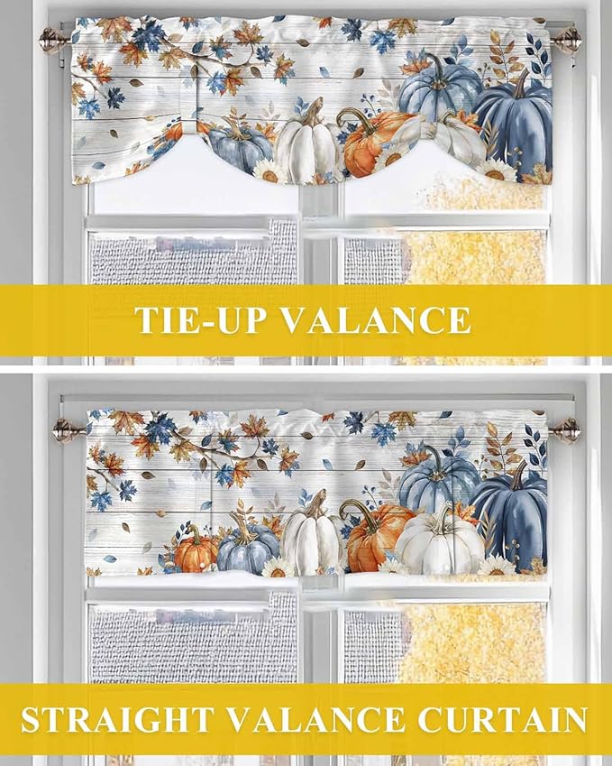 Thanksgiving Pumpkin Tie Up Valance Curtains for Windows, Kitchen Curtains Window Shades, Fall Maple Leaf Daisy Wooden Grain Light Filter Roman Curtain Valances for Bedroom/Bathroom/Cafe 42'' x 12''