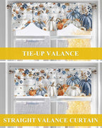 Thanksgiving Pumpkin Tie Up Valance Curtains for Windows, Kitchen Curtains Window Shades, Fall Maple Leaf Daisy Wooden Grain Light Filter Roman Curtain Valances for Bedroom/Bathroom/Cafe 54'' x 18''