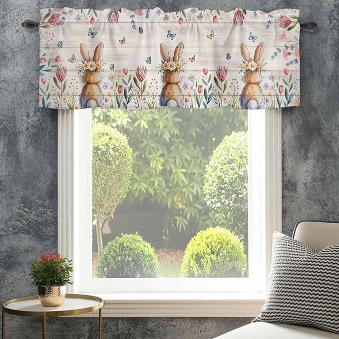 Easter Curtain Valances for Windows, Kitchen Valance Window Treatment, Spring Bunny Butterfly Botanical Wooden Grain Light Filtering Block Curtains for Bathroom/Bedroom/Living Room 42'' x 18''