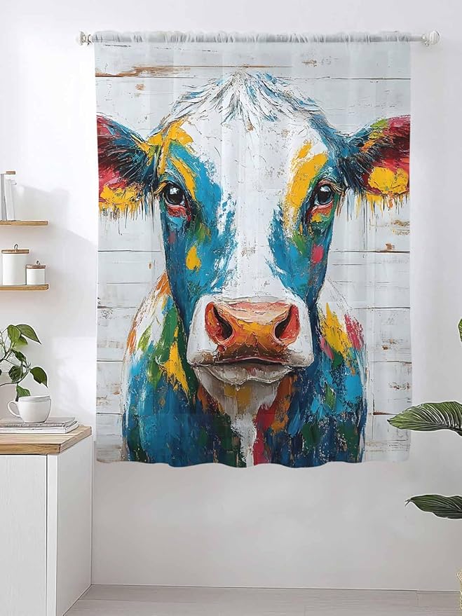 Sheer Curtains 72 Inches Long, Rustic Cow Semi Sheer Curtains Light Filtering Window Treatment, Vintage Colorful Animals Art Wooden Grain Privacy Voile Drapes for Living Room Bedroom 52x72 Inch