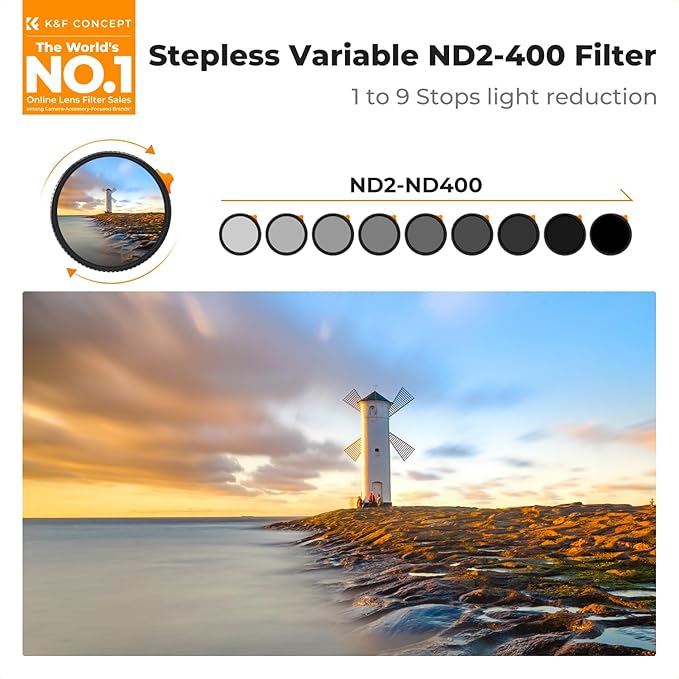 K&F CONCEPT 72mm Ultra-Low Reflectivity Putter Variable ND Filter ND2-ND400 (1-9 Stops) 28 Multi-Layer Coatings AGC Glass Adjustable Neutral Density Camera Lens Filter (Nano-X Series)