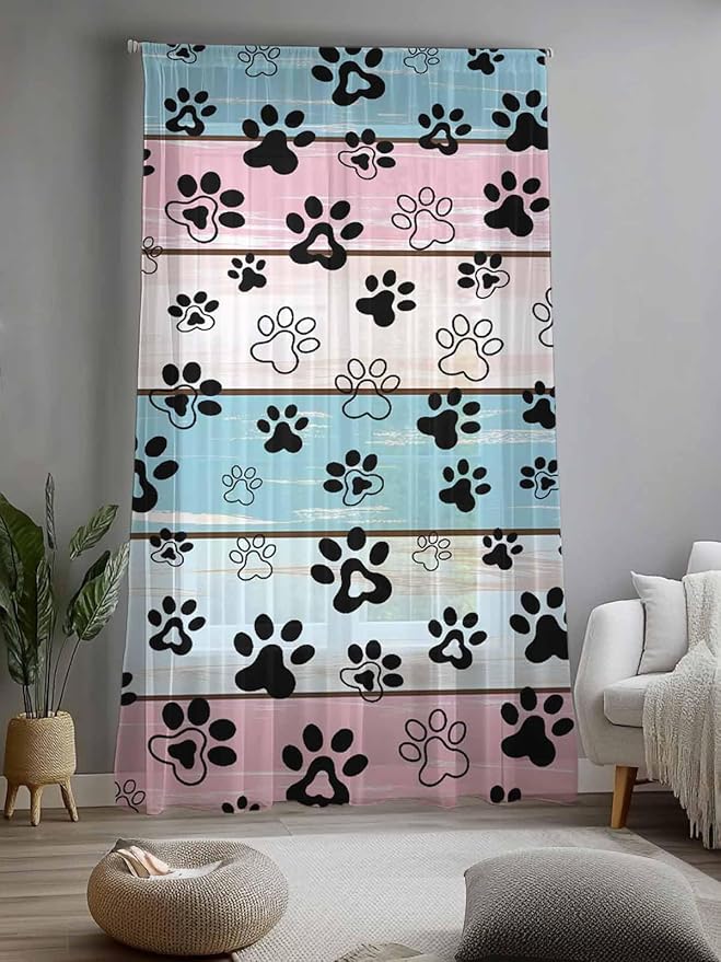 Sheer Curtains 108 Inches Long, Blue Pink Dog Paws Prints Semi Sheer Curtains Light Filtering Window Treatment, Farmhouse Beige Wood Privacy Voile Drapes for Living Room Bedroom 52x108 Inch