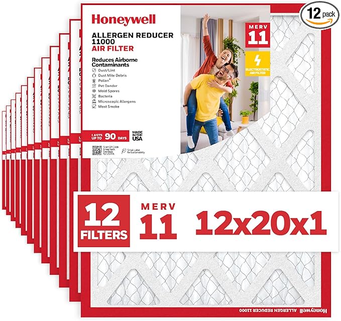 Honeywell 12x20x1 MERV 11 Allergen Reducer 11000 Electrostatic Pleated HVAC AC Furnace Air Filter (12-Pack) | Replacement Filter for Home Use | Made in USA