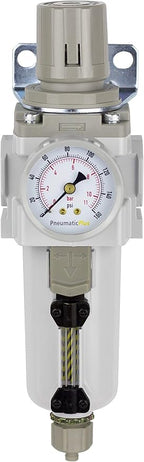 PneumaticPlus SAW400-N04BG-MEP Compressed Air Filter Regulator Piggyback Combo 1/2" NPT - Metal Bowl, Manual Drain, Bracket, Gauge