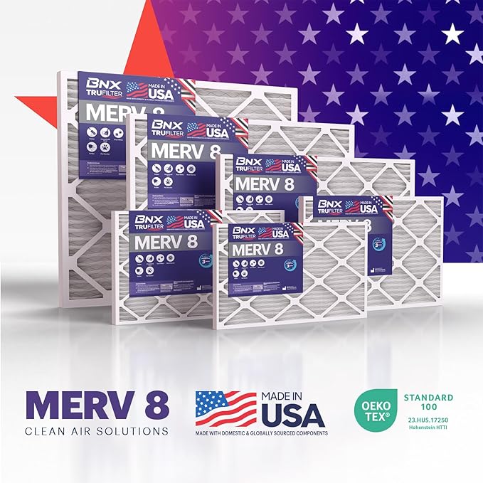 BNX TruFilter 20x25x4 (19.5’’ x 24.5’’ x 3.63‘’ Slim Fit) MERV 8 Air Filter 2-Pack - MADE IN USA - Air Conditioner Furnace Filters HVAC AC Furnace Filters for Dust, Pet, Mold, Pollen MPR 600-700 FPR 5