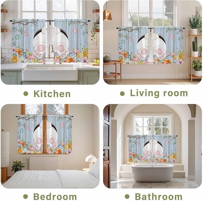 Easter Kitchen Curtains 54 Inch Long 2 Panel Set,Rod Pocket Window Curtains Panels,Spring Watercolor Bunny Eggs Flower Wood Grain Blue Light Filtering Privacy Draperies for Bedroom Laundry 42"W x 54"L