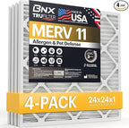 BNX TruFilter 24x24x1 Air Filter MERV 11 (4-Pack) - MADE IN USA – Air Conditioner AC Furnace Filters for Allergies, Dust, Pet, Smoke, Allergy MPR 1200 FPR 7 (Actual Size: 23.38 x 23.38 x 0.75 Inches)