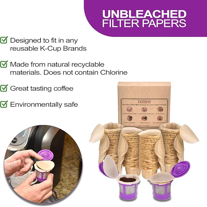 Delibru Unbleached K Cup Filters With Lid for Reusable Coffee Pods - Pack of 300 - Keurig Coffee Filters for K Cup - Natural and Compostable