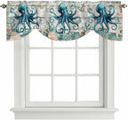 Sea Octopus Ocean Starfish Tie Up Valance Curtains,Nautical Anchor Vintage Wood Grain Kitchen Light Filtering Window Treatments with 3-inch Rod Pocket for Living Room,Bedroom,42x18In
