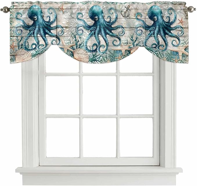 Sea Octopus Ocean Starfish Tie Up Valance Curtains,Nautical Anchor Vintage Wood Grain Kitchen Light Filtering Window Treatments with 3-inch Rod Pocket for Living Room,Bedroom,42x12In