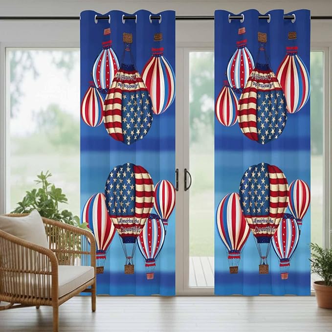 Independence Day Waterproof Outdoor Curtains for Patio, Windproof Weatherproof Curtains with Weighted Hem, Hot Air Balloon Patriotic Star Light Filtering Privacy Drapes for Porch 54"x 108"
